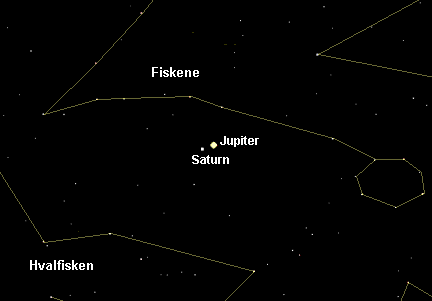 Himlen den 13. november r 7 fvt. kl. 20 set fra Betlehem hvor Jupiter og Saturn er 1 fra hinanden. Det foregr i stjernebilledet Fisken, som str hjt p himlen i syd.